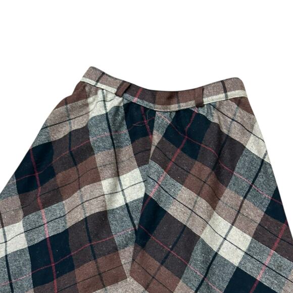Vintage 70s Brown Plaid Check Wool Blend A-Line Midi Skirt / Women’s XS - - Picture 2 of 4